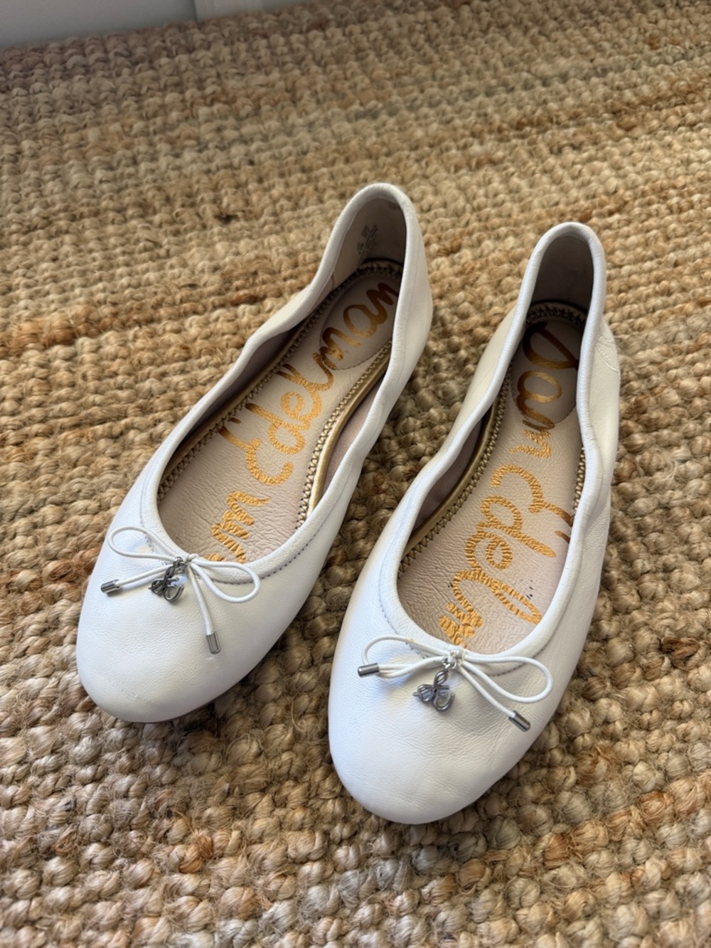 Sam Edelman White Leather Bow-Trim Ballet Flats